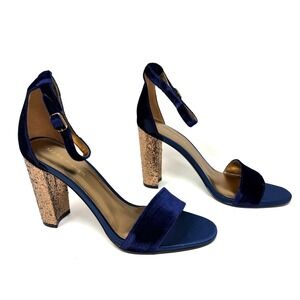 Marc Fisher Factor 2 Sandals Size 8.5 Navy Blue Gold Glitter Block Heels Velvet